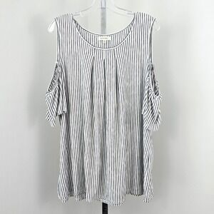 Max Studio Cold Shoulder Stripe Bell Sleeve Top Black White 2X